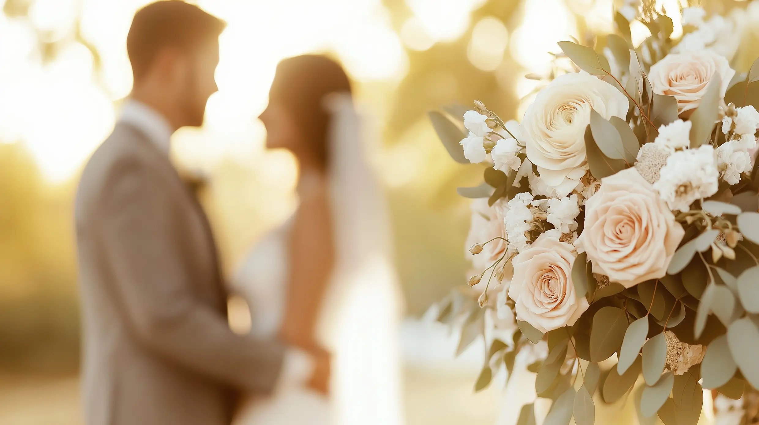 couple embracing at wedding blurred with roses in foreground simon the celebrant